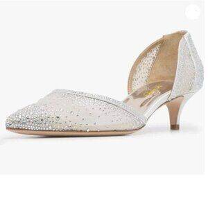 XYD Women's Pumps Pointed Toe, Kitten Low Heels, Rhinestone Studs Ivory